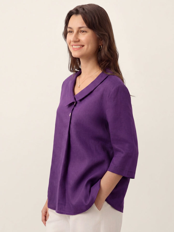 Linen pleat top with asymmetric collar for women