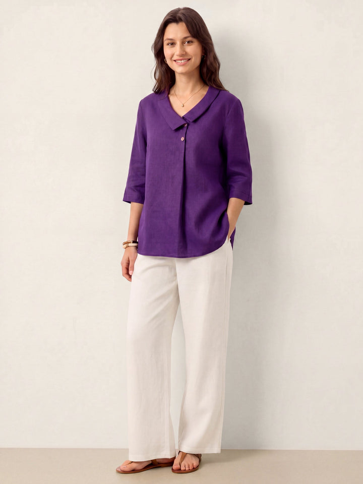 Linen pleat top with asymmetric collar for women