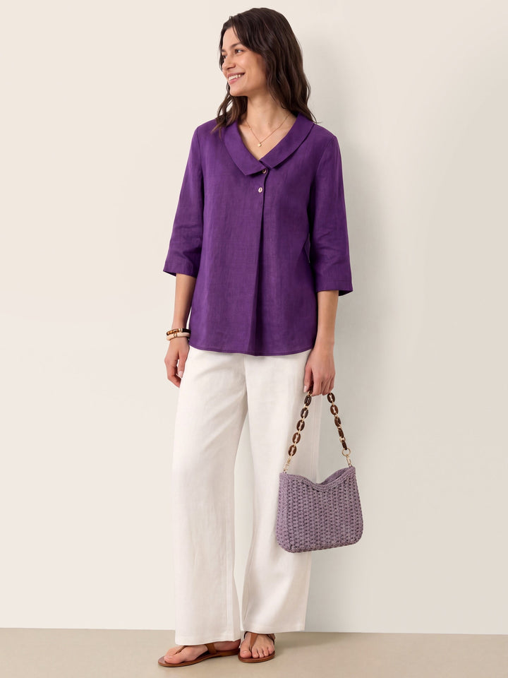 Linen pleat top with asymmetric collar for women