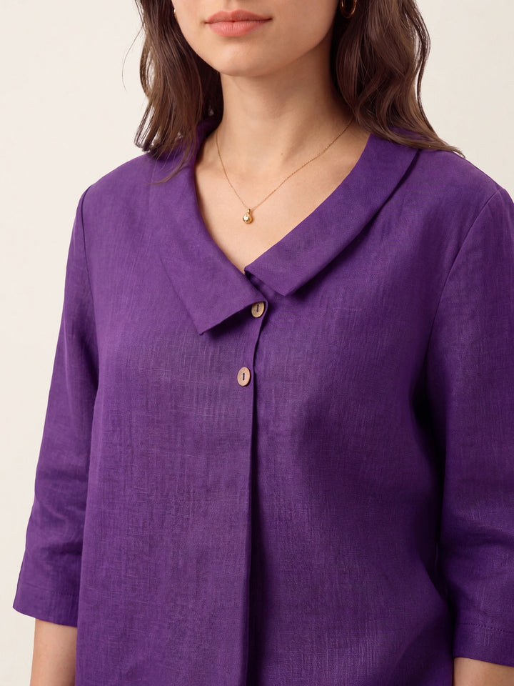 Linen pleat top with asymmetric collar for women