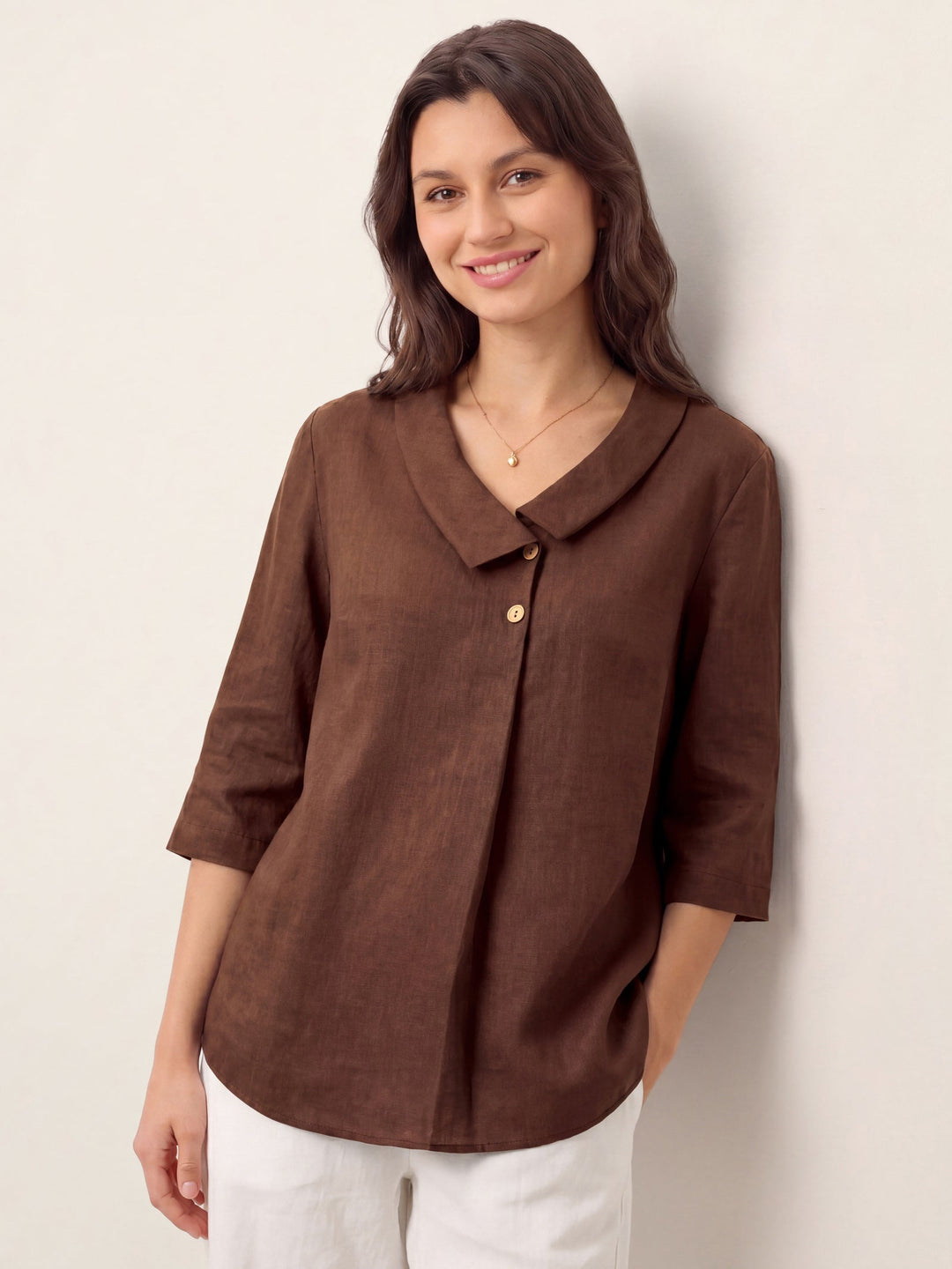 Linen pleat top with asymmetric collar for women