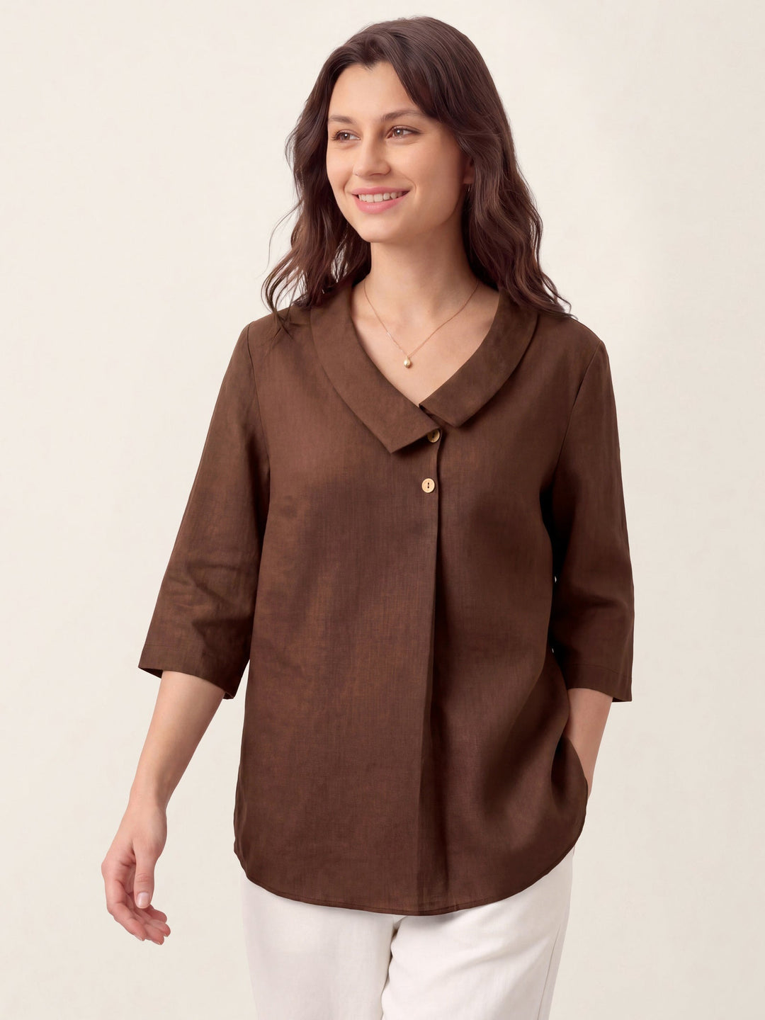 Linen pleat top with asymmetric collar for women