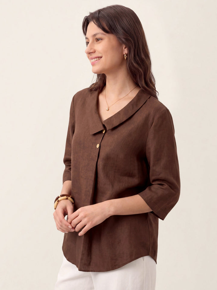 Linen pleat top with asymmetric collar for women