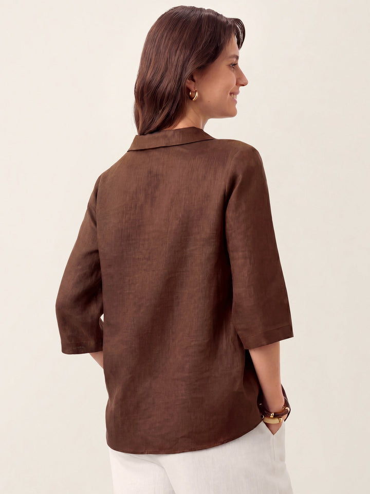 Linen pleat top with asymmetric collar for women