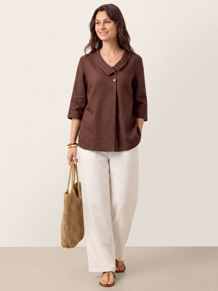 Linen pleat top with asymmetric collar for women