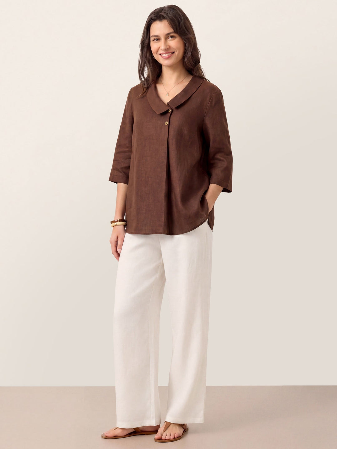 Linen pleat top with asymmetric collar for women
