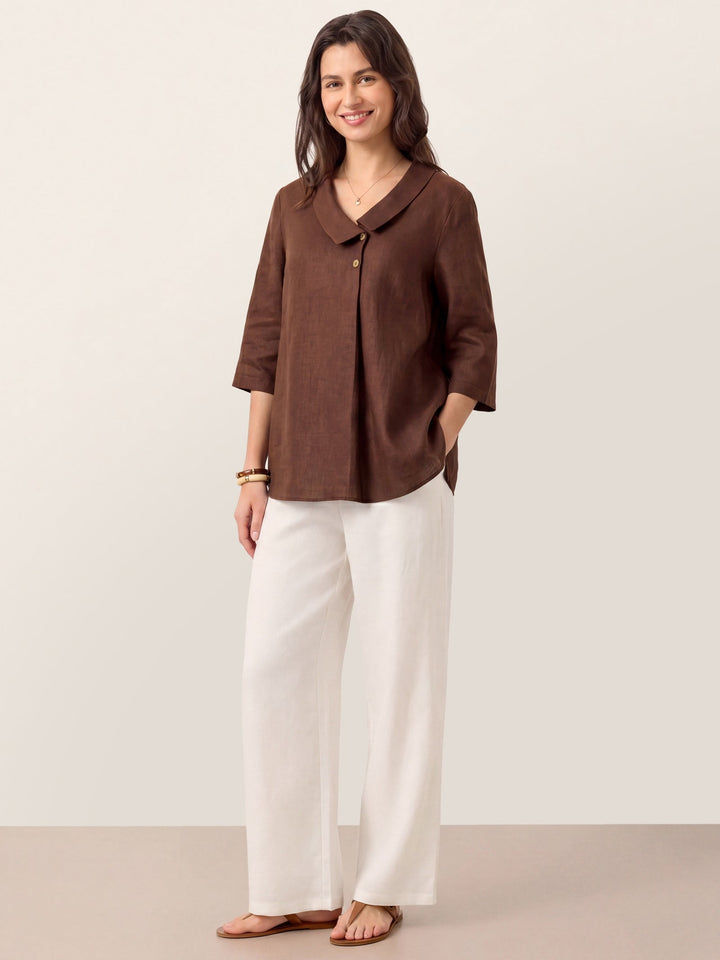 Linen pleat top with asymmetric collar for women