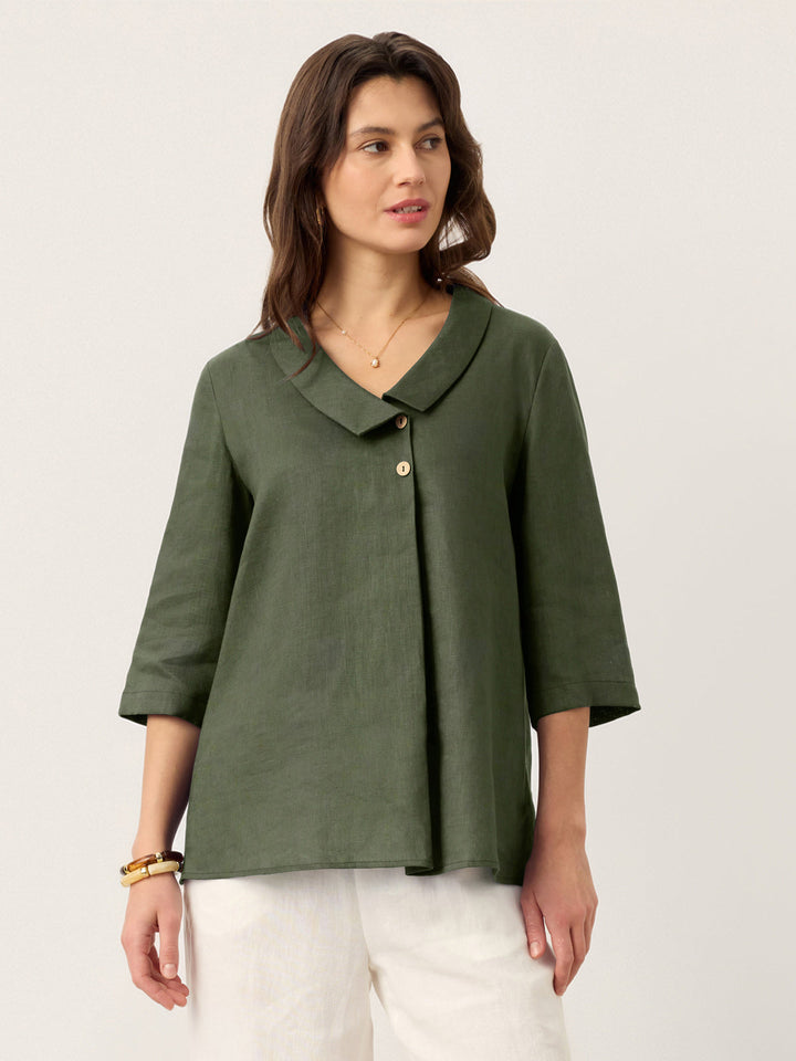 Linen pleat top with asymmetric collar for women