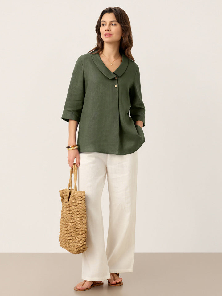Linen pleat top with asymmetric collar for women