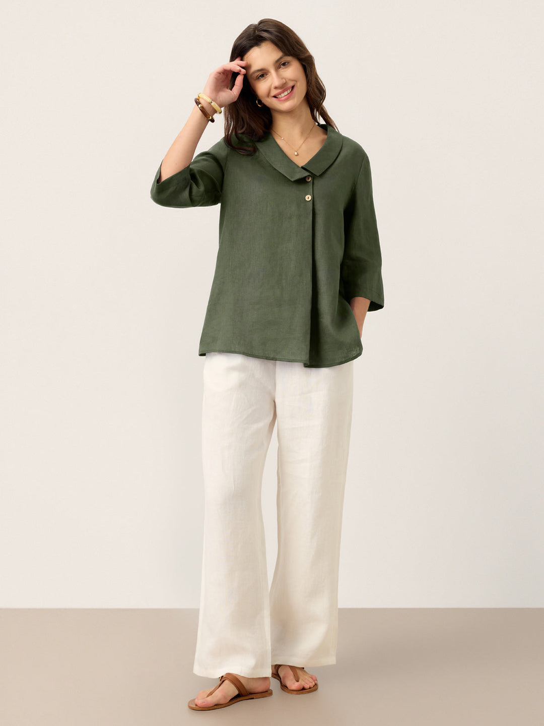 Linen pleat top with asymmetric collar for women