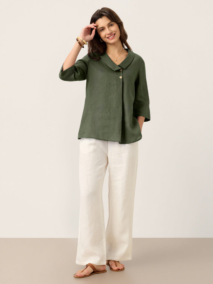 Linen pleat top with asymmetric collar for women