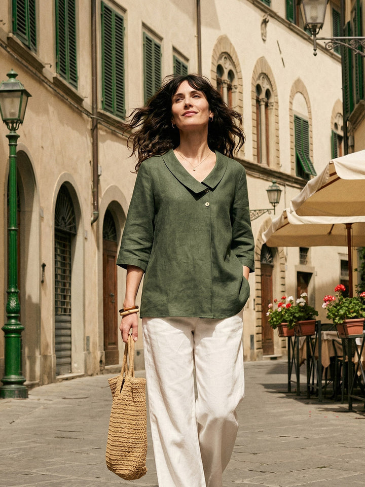 Linen pleat top with asymmetric collar for women