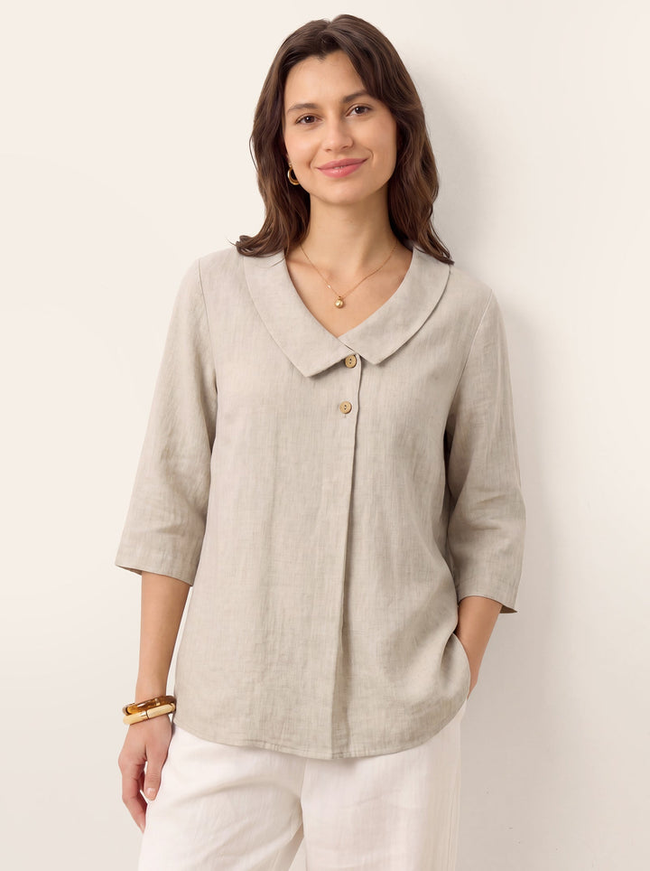 Linen pleat top with asymmetric collar for women