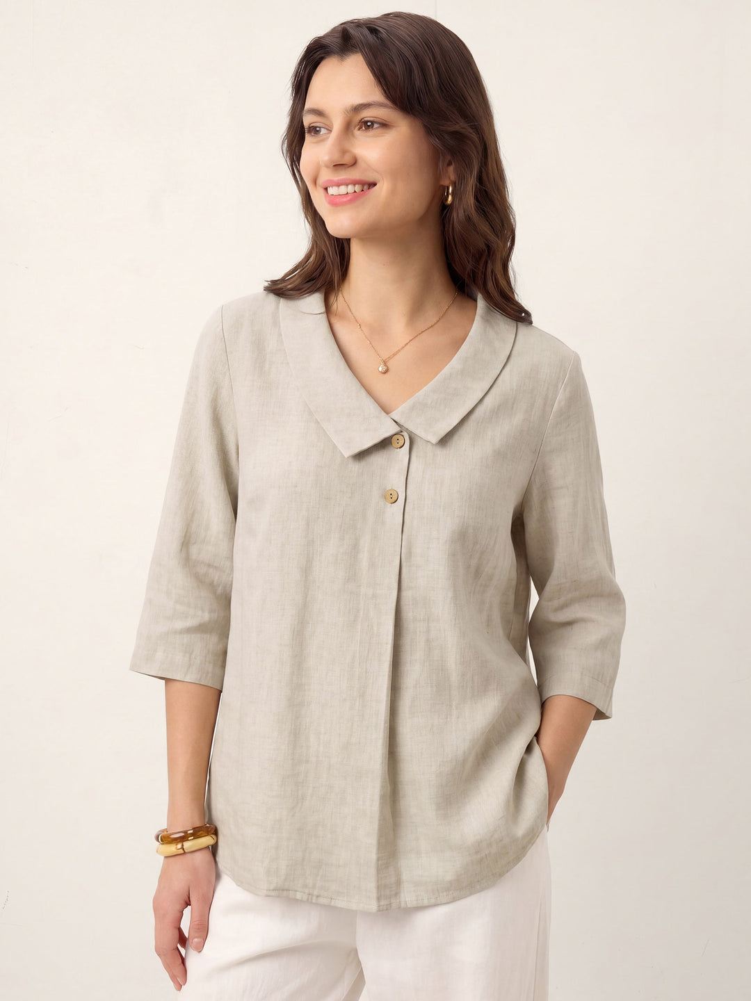 Linen pleat top with asymmetric collar for women