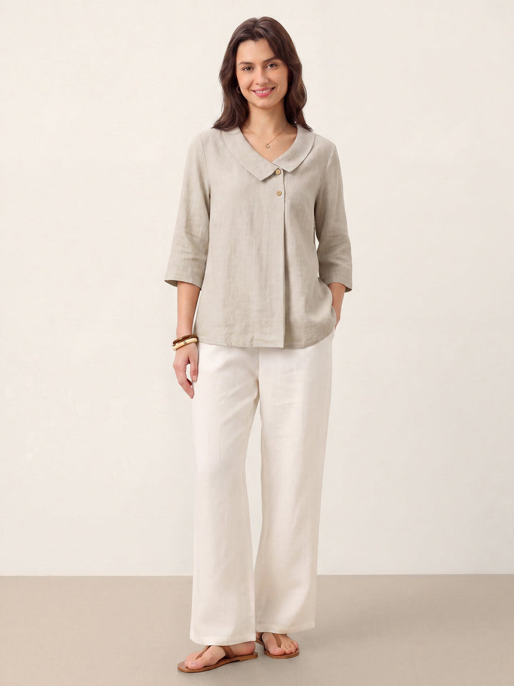 Linen pleat top with asymmetric collar for women