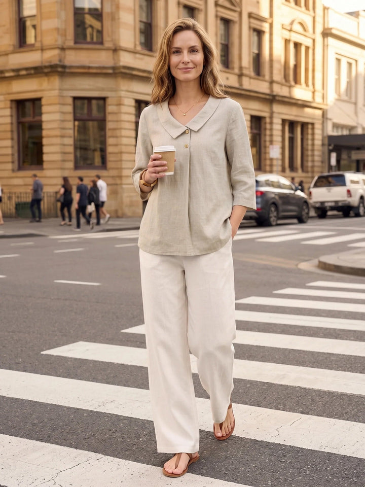 Linen pleat top with asymmetric collar for women