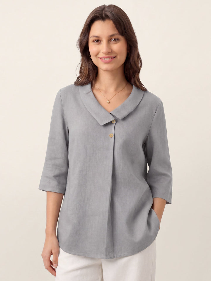 Linen pleat top with asymmetric collar for women
