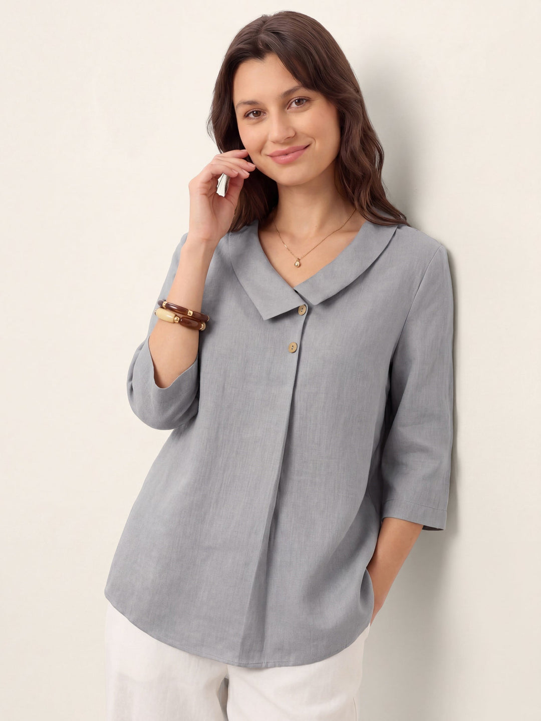 Linen pleat top with asymmetric collar for women