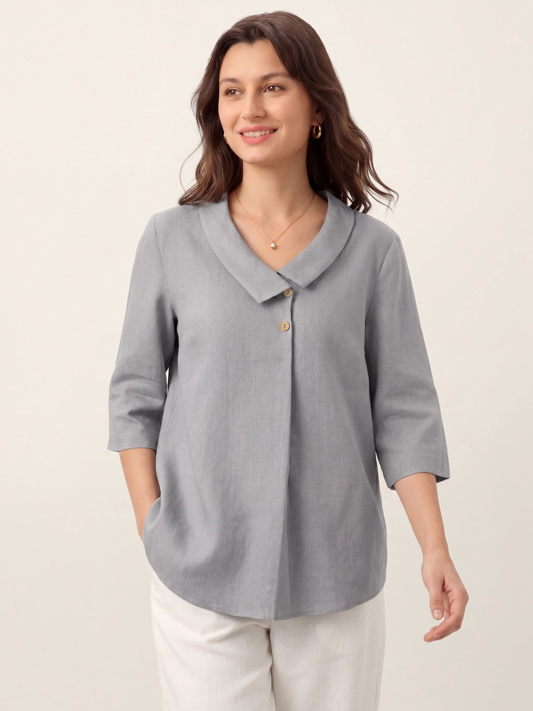 Linen pleat top with asymmetric collar for women