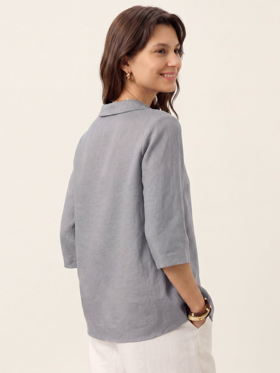 Linen pleat top with asymmetric collar for women