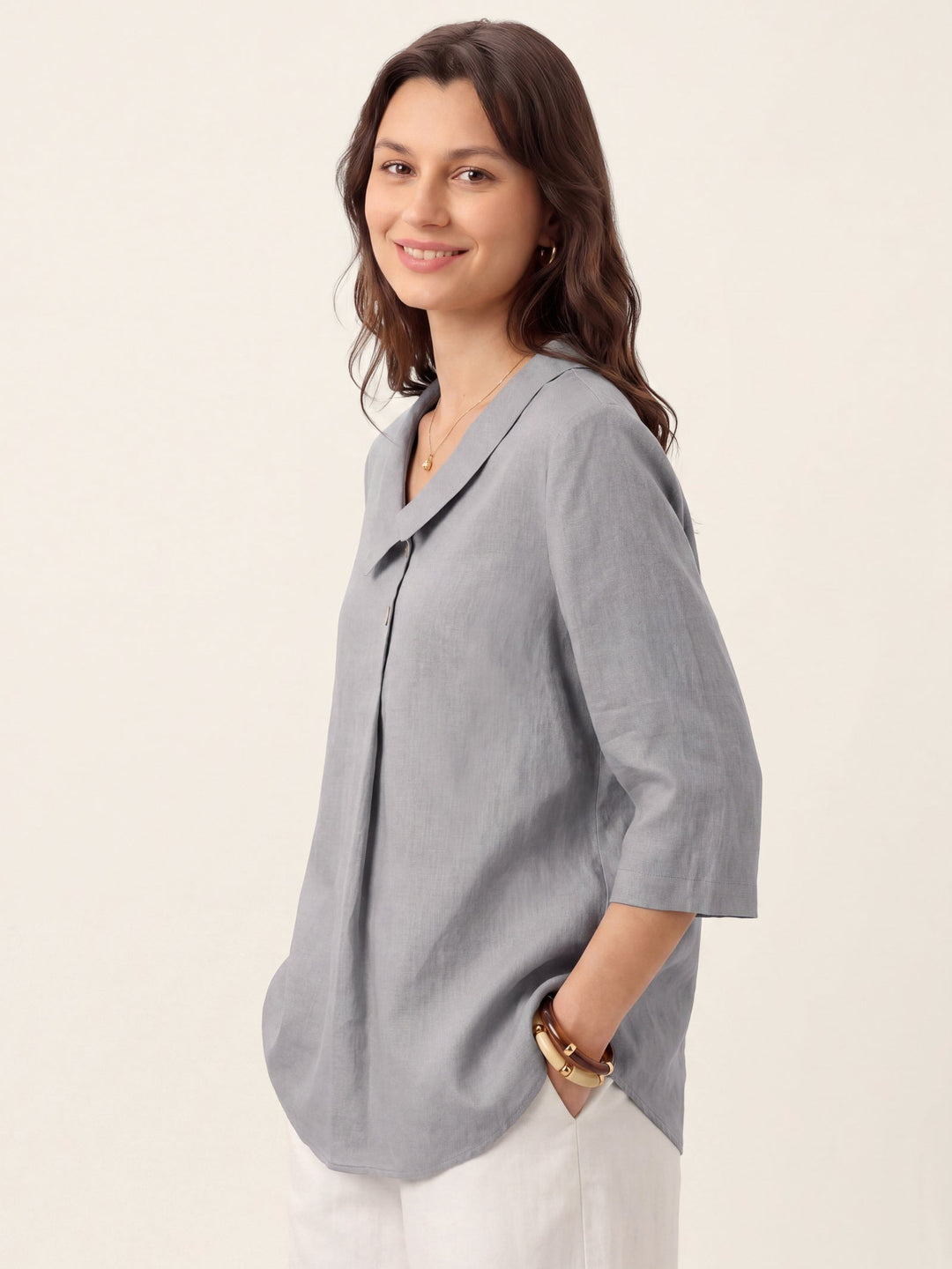 Linen pleat top with asymmetric collar for women