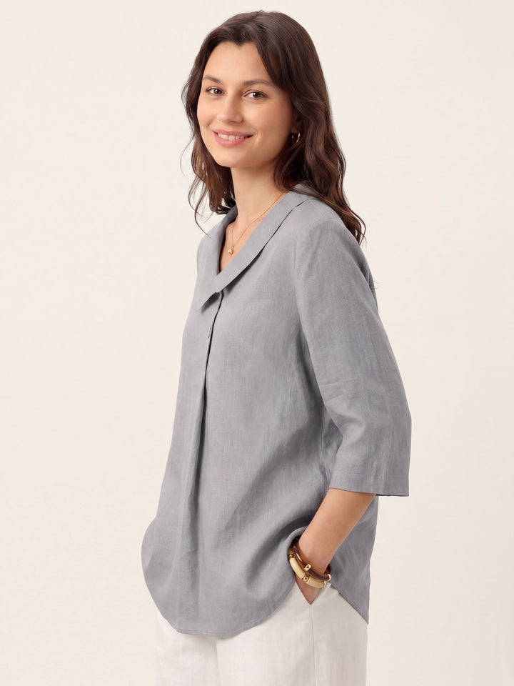 Linen pleat top with asymmetric collar for women