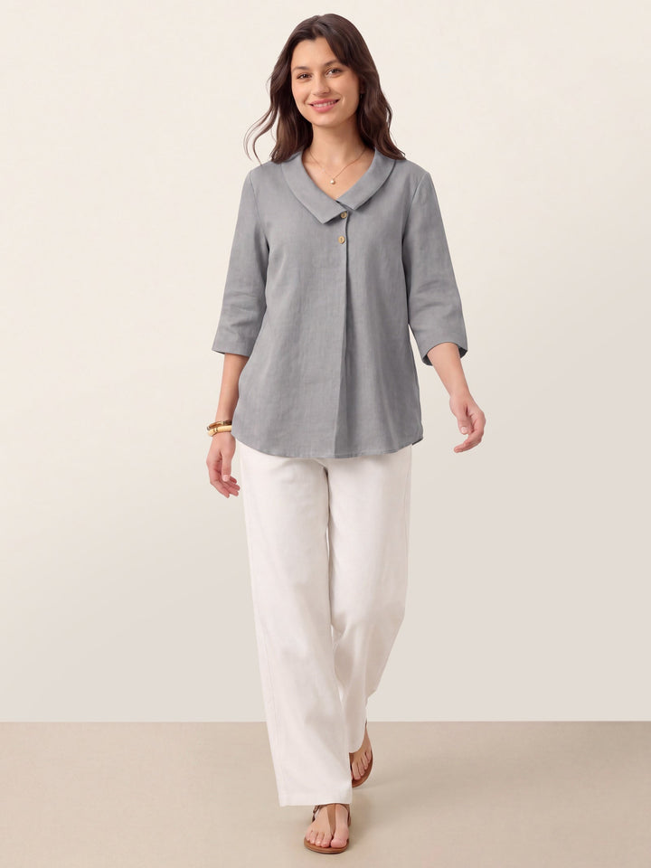 Linen pleat top with asymmetric collar for women
