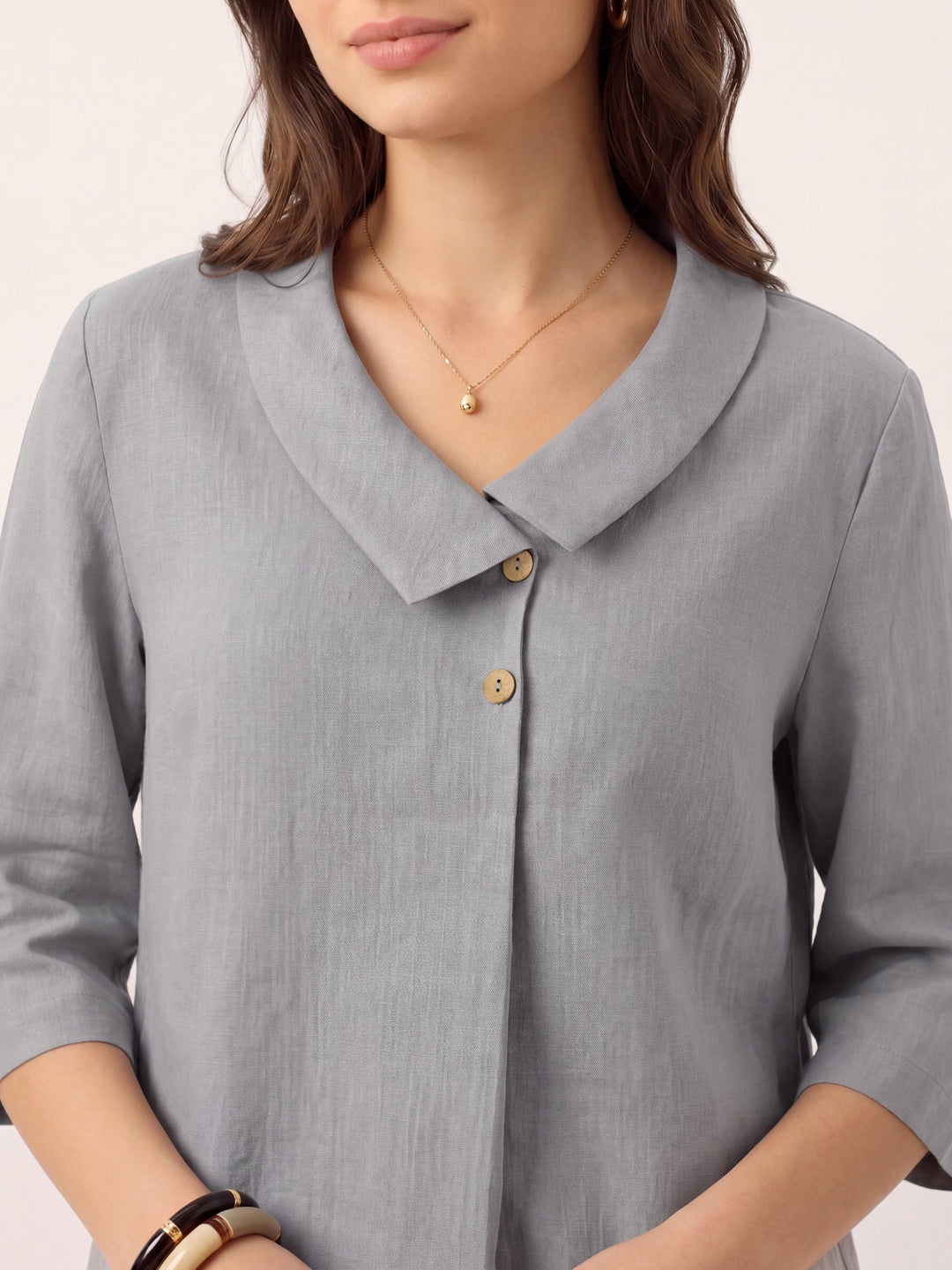 Linen pleat top with asymmetric collar for women