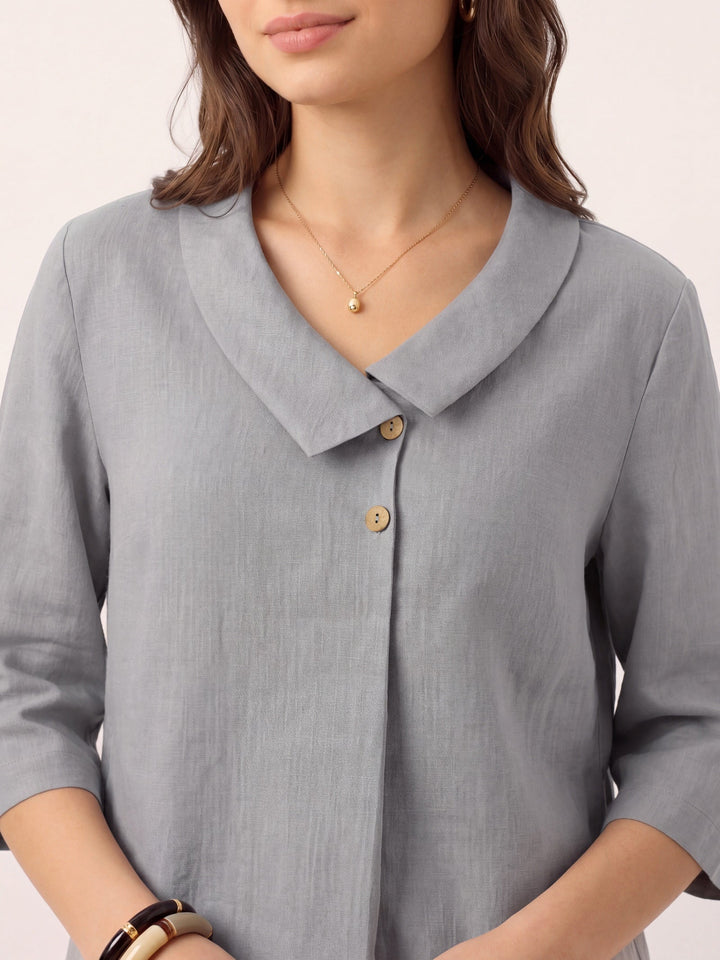 Linen pleat top with asymmetric collar for women