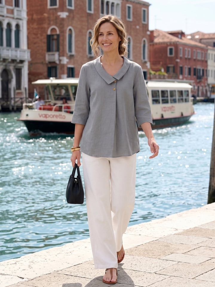 Linen pleat top with asymmetric collar for women