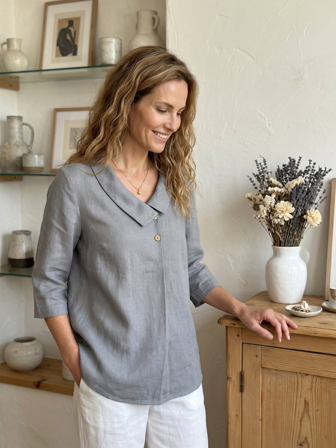 Linen pleat top with asymmetric collar for women