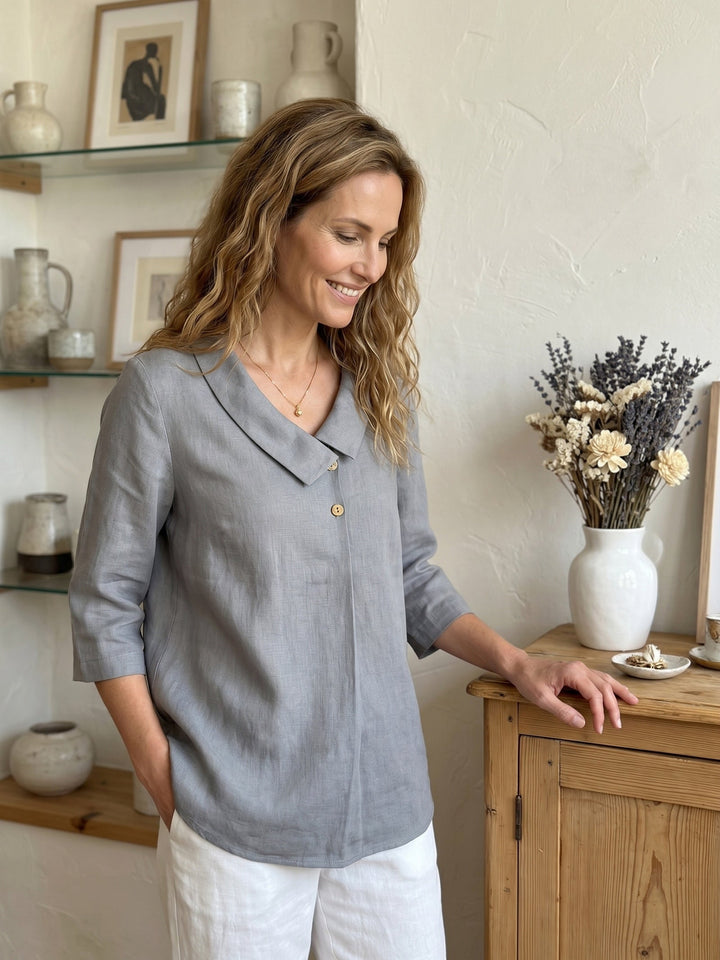 Linen pleat top with asymmetric collar for women
