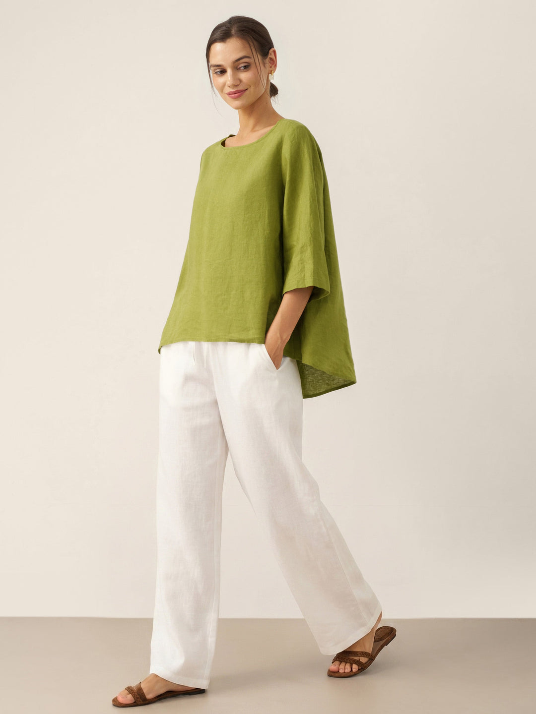 Linen tunic top with asymmetric hem for women