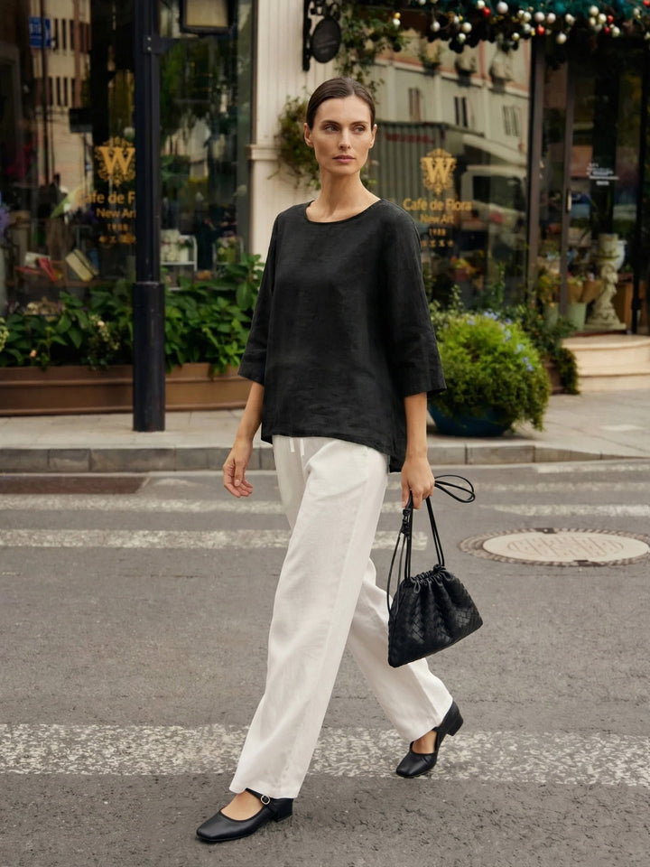 Linen tunic top with asymmetric hem for women