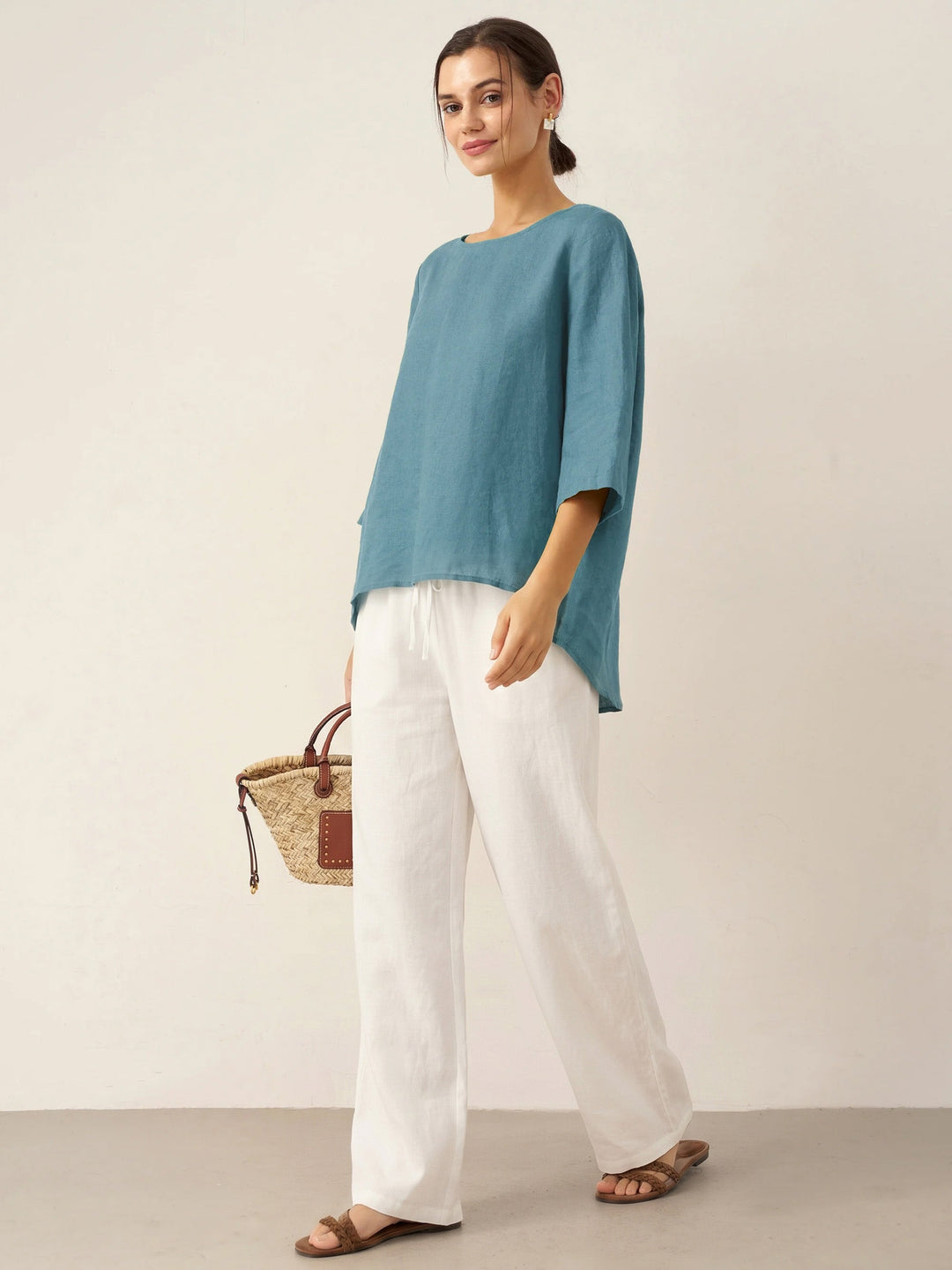 Linen tunic top with asymmetric hem for women