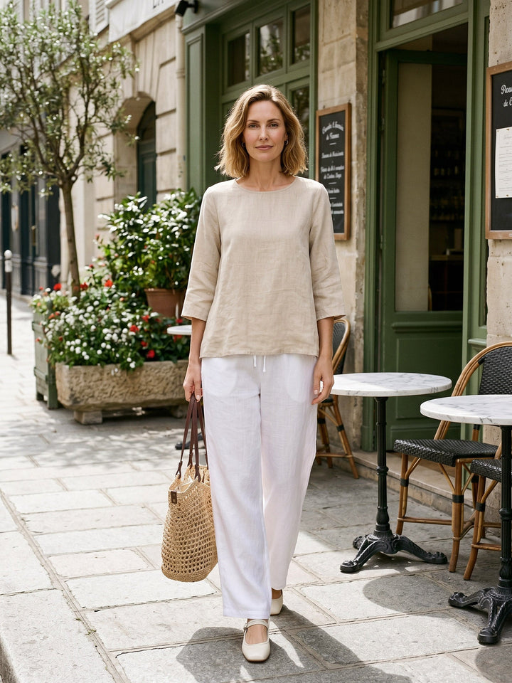 Linen tunic top with asymmetric hem for women