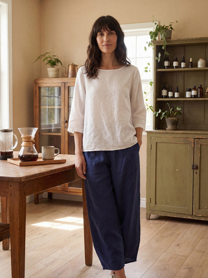 Linen tunic top with asymmetric hem for women