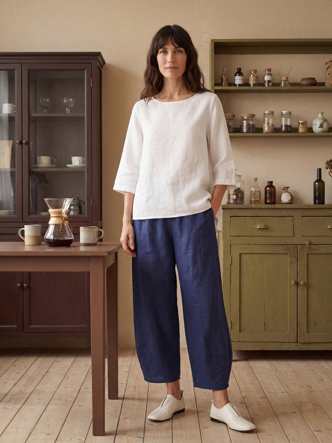 Linen tunic top with asymmetric hem for women