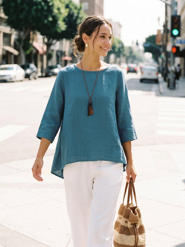 Linen tunic top with asymmetric hem for women