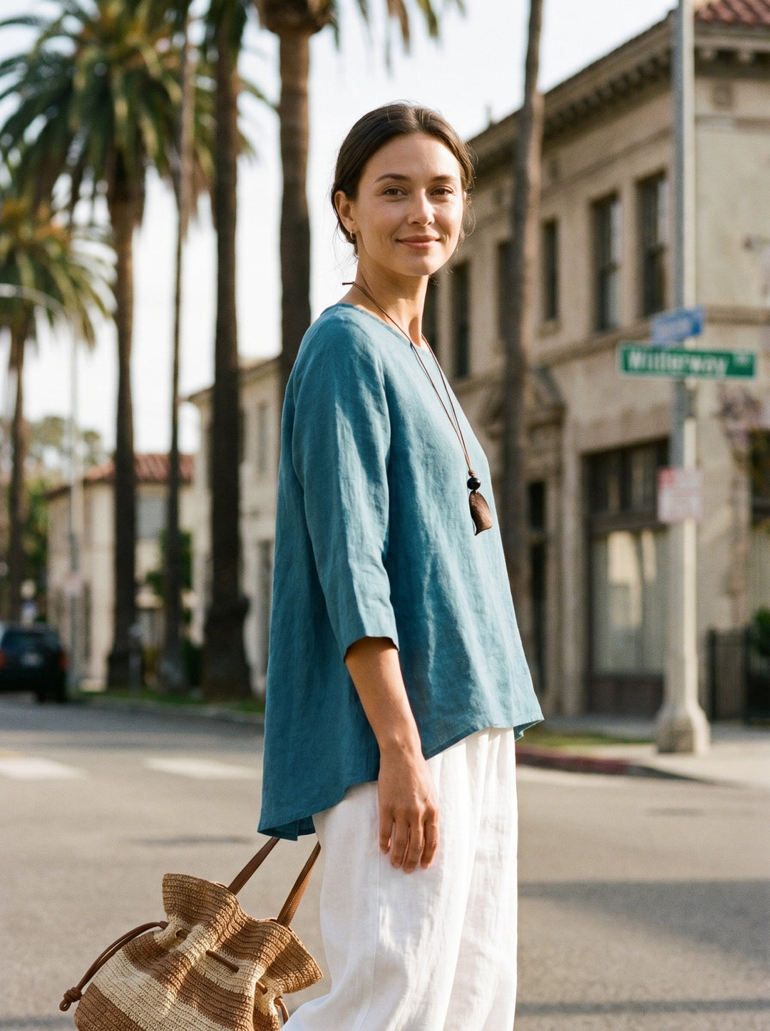 Linen tunic top with asymmetric hem for women