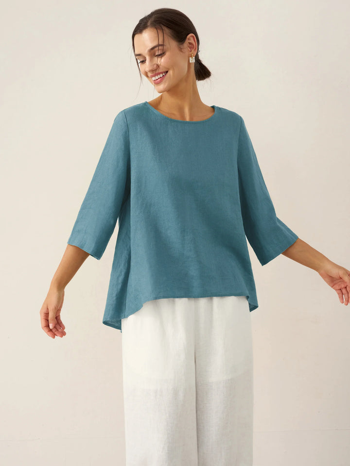 Linen tunic top with asymmetric hem for women