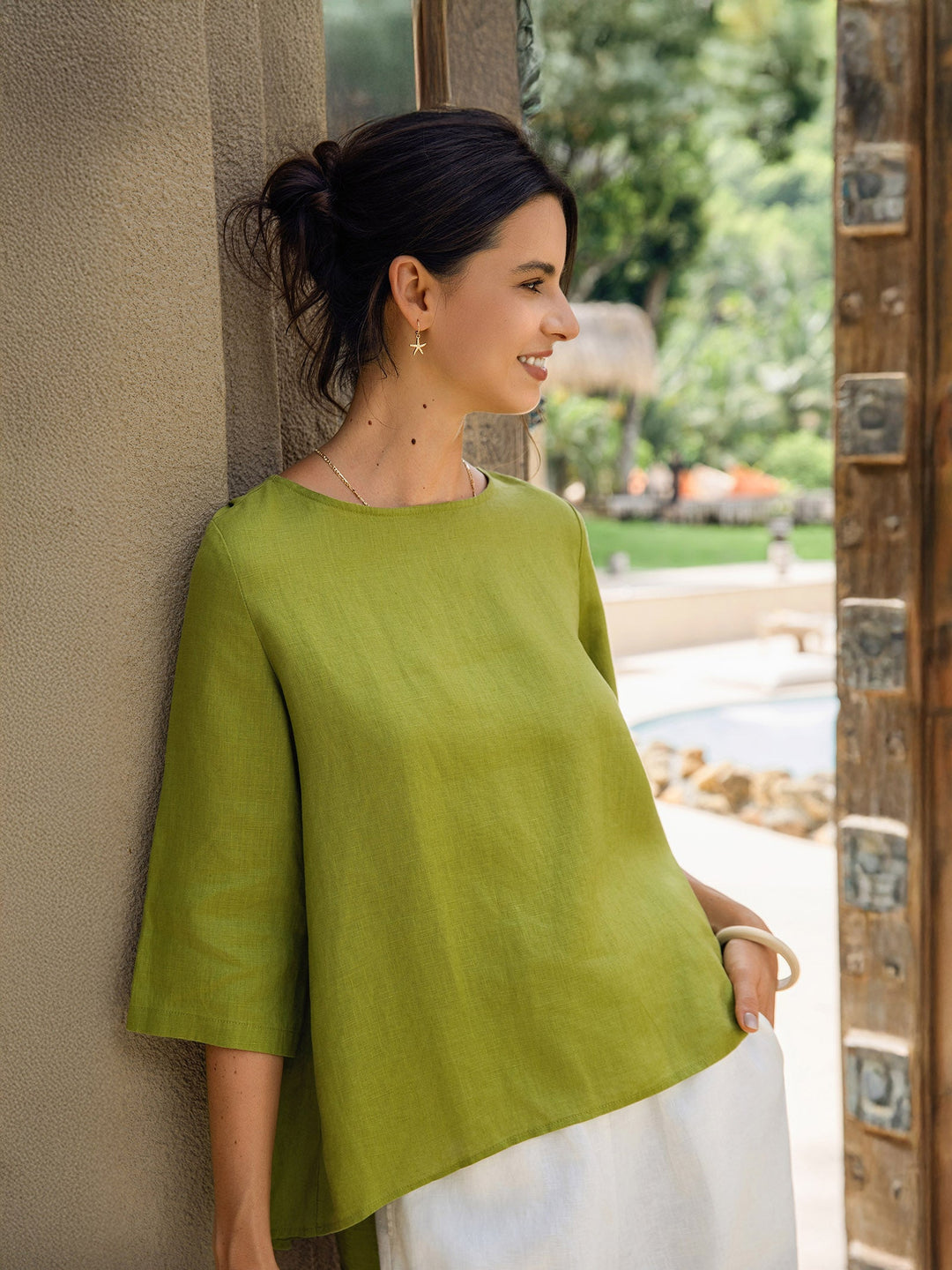 Linen tunic top with asymmetric hem for women