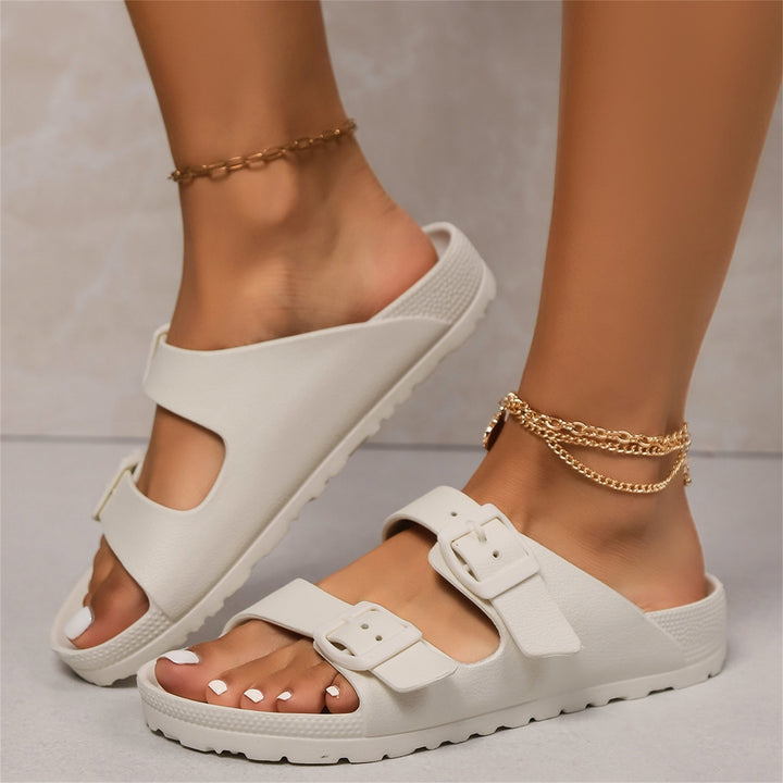 Double-buckle slide sandals with cushioned footbed for women