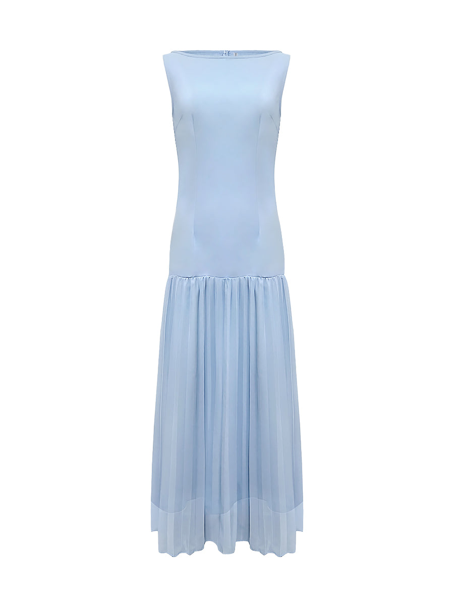 Pleated maxi dress sleeveless boat neck gauze for women
