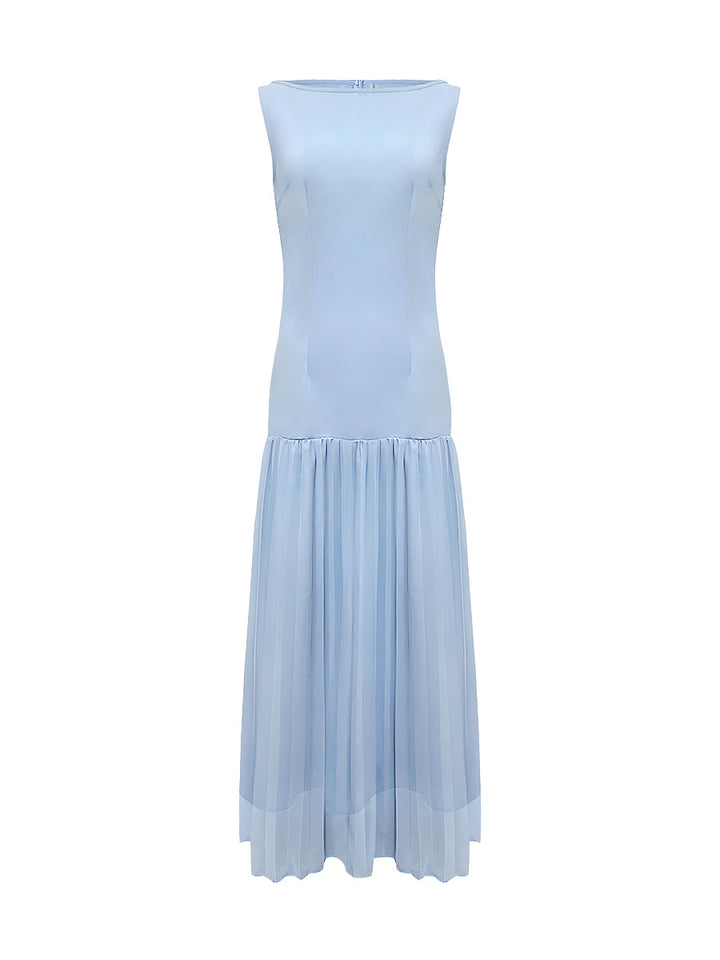 Pleated maxi dress sleeveless boat neck gauze for women