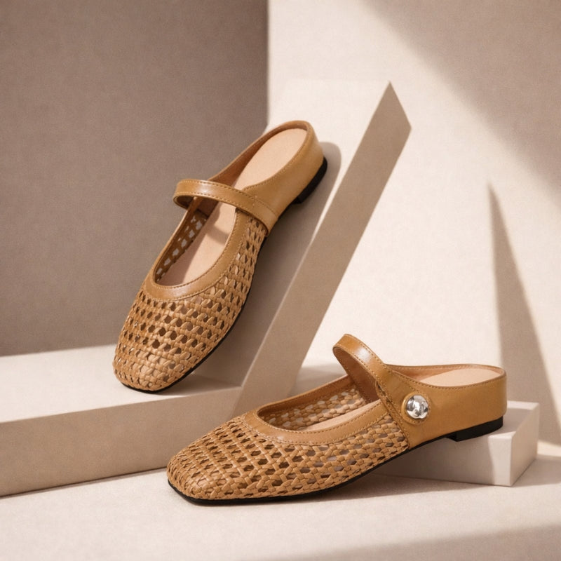 Woven mule flats with Mary Jane strap for women