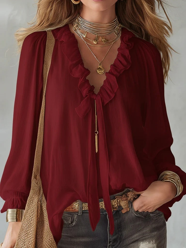 Ruffle tie neck blouse with lantern sleeves and crinkle texture for women