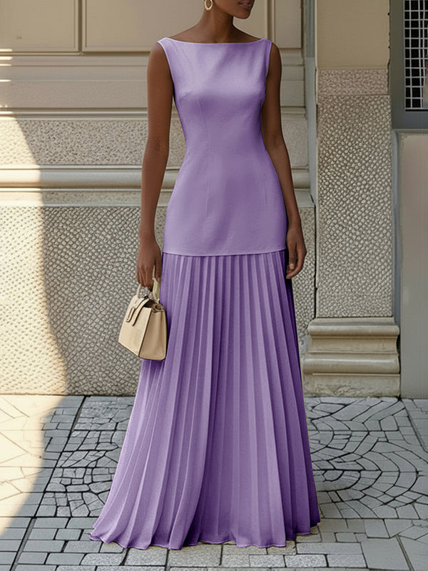 Pleated maxi dress sleeveless boat neck gauze for women