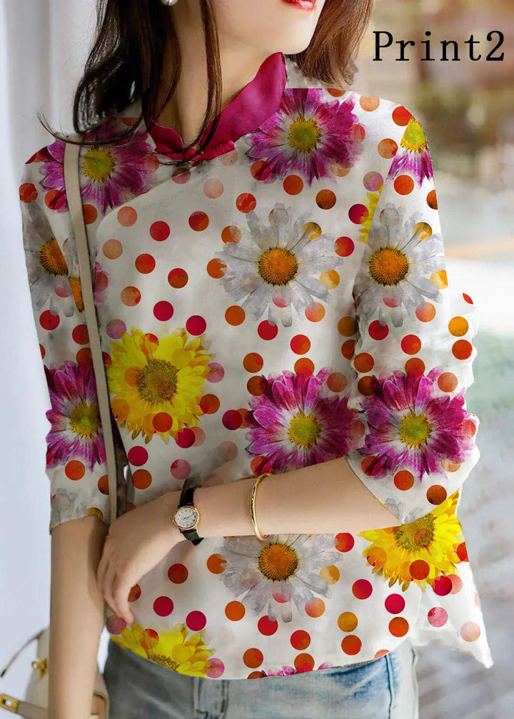 Linen floral print blouse with long sleeves for women