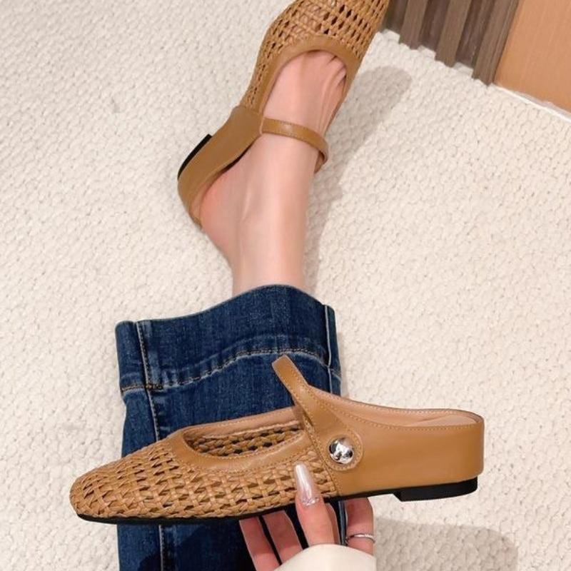Woven mule flats with Mary Jane strap for women